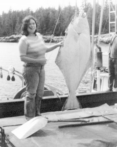 Rosemary Georgeson w 103lb Halibut caught w handline at top end Milbanke Sound circa 1977, photo courtesy Rose Georgeson